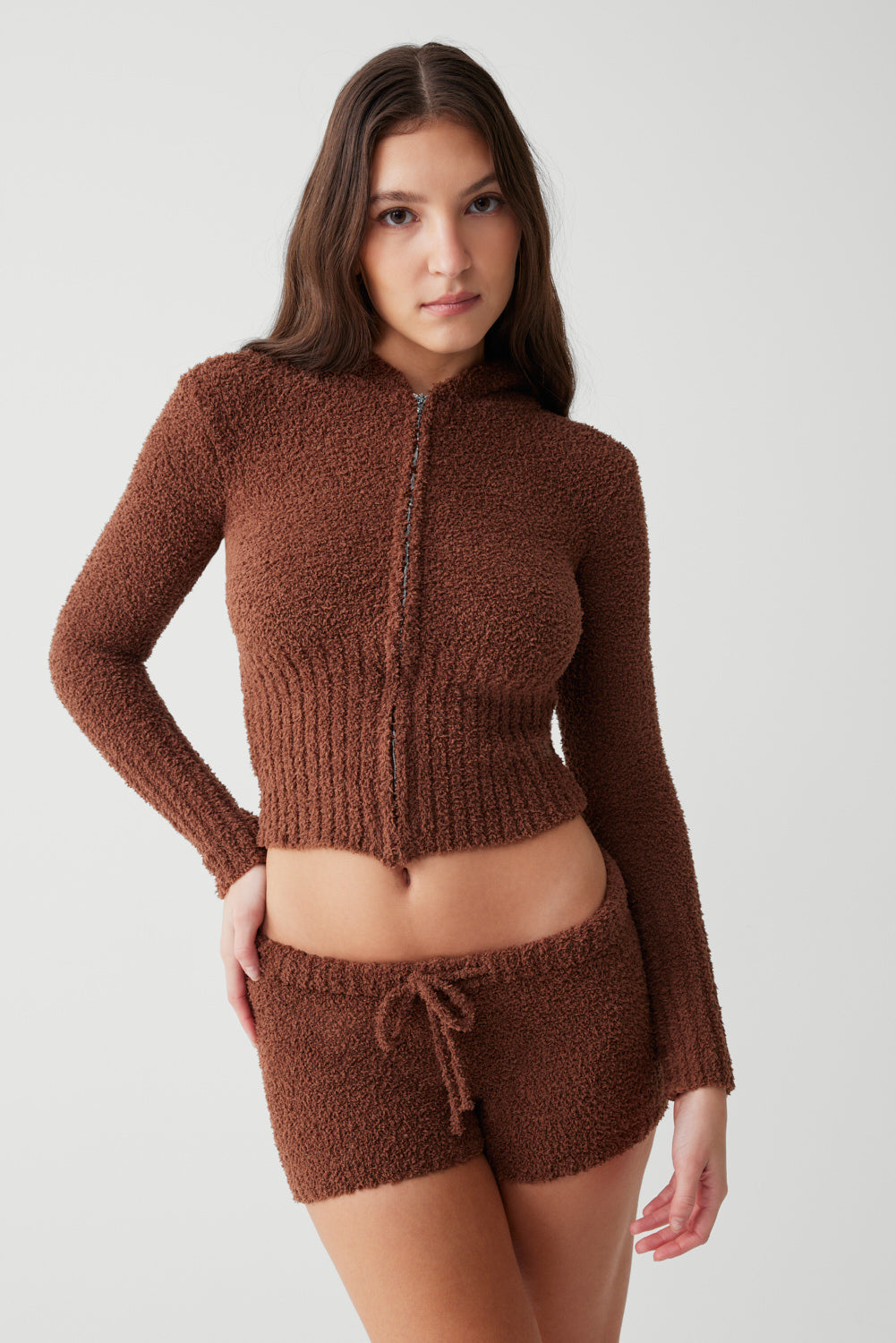 Harlowe fuzzy zip up hoodie chocolate lily