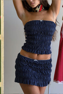 Jolie satin strapless rouched shirt dotty Polka dot navy print 