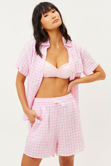 Lou Linen Pink Picnic Gingham Print Button Up Shirt