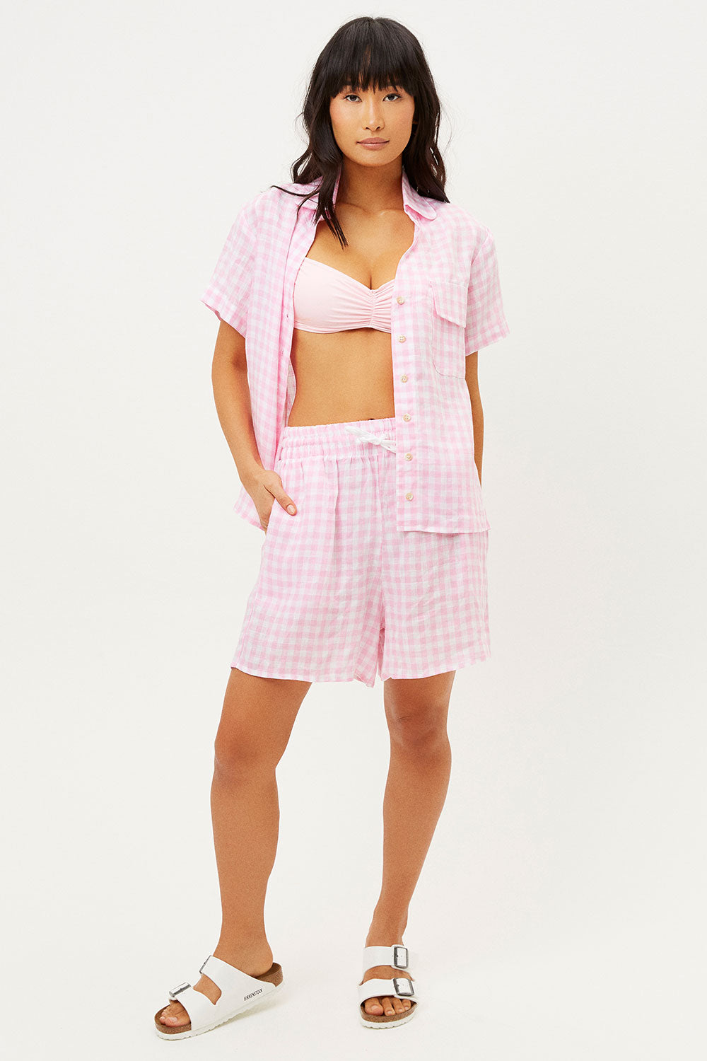 Lou Linen Pink Picnic Gingham Print Button Up Shirt