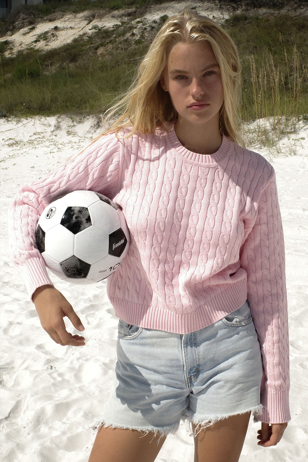 Varsity cable knit pullover sweater cozy pink