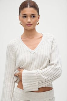Ashton Cotton Knit V Neck Sweater in Cream