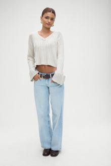 Ashton Cotton Knit V Neck Sweater in Cream