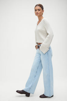 Ashton Cotton Knit V Neck Sweater in Cream