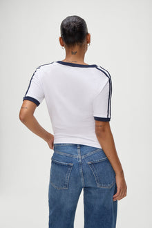 Bodega V Neck White Tee Shirt in White with Deep Navy Blue Trim