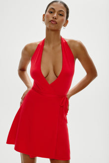 Evening Halter Wrap Mini Dress - Cherry