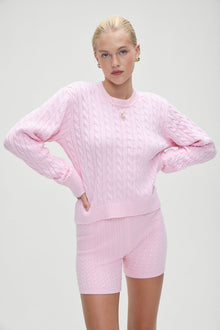 Varsity cable knit pullover sweater cozy pink