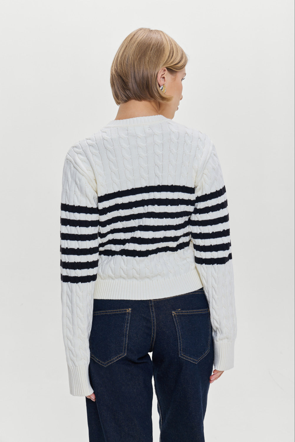 Varsity Striped Cable Knit Sweater Ivory