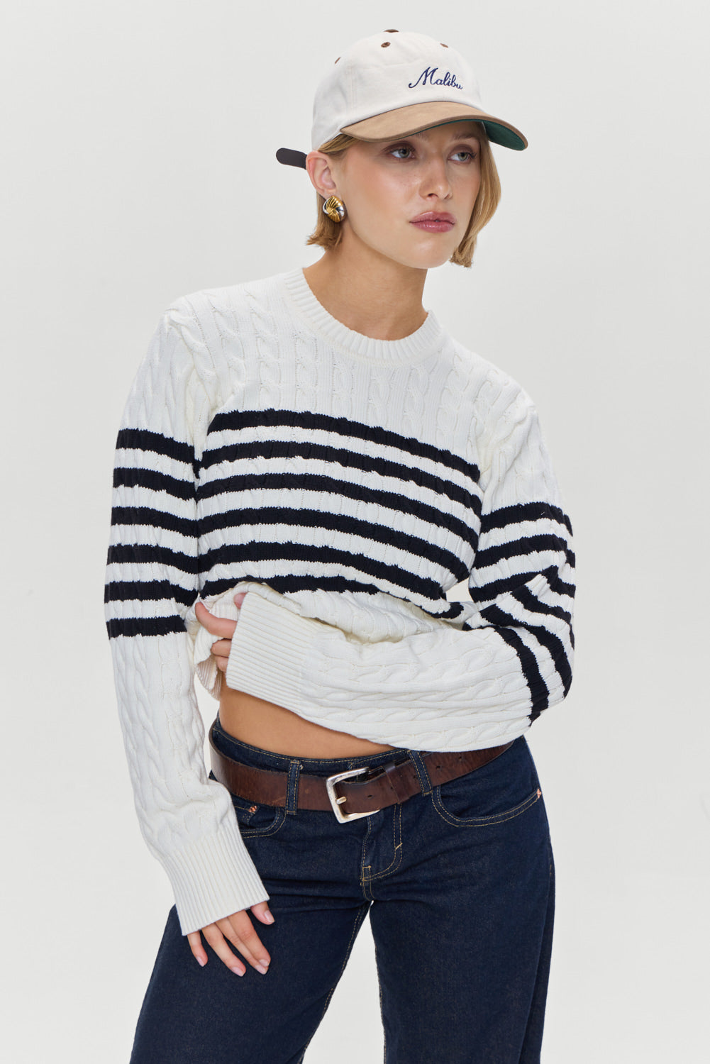 Varsity Striped Cable Knit Sweater Ivory