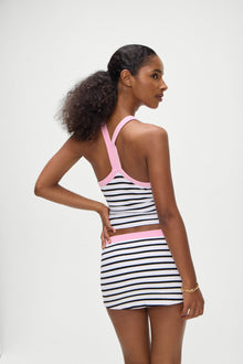 Velma Skirt in Vintage Stripe with White and Black Stripes and Pink Trim