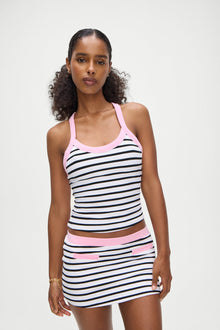 Velma Skirt in Vintage Stripe with White and Black Stripes and Pink Trim