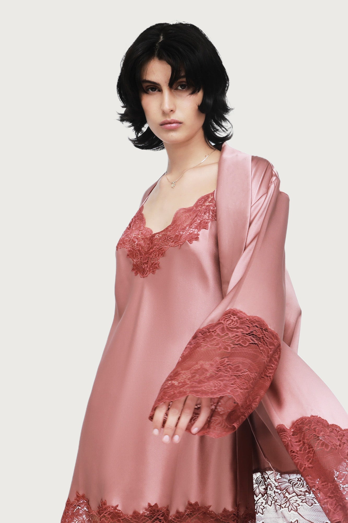 Silk Lace Robe by Ginia in Mauve