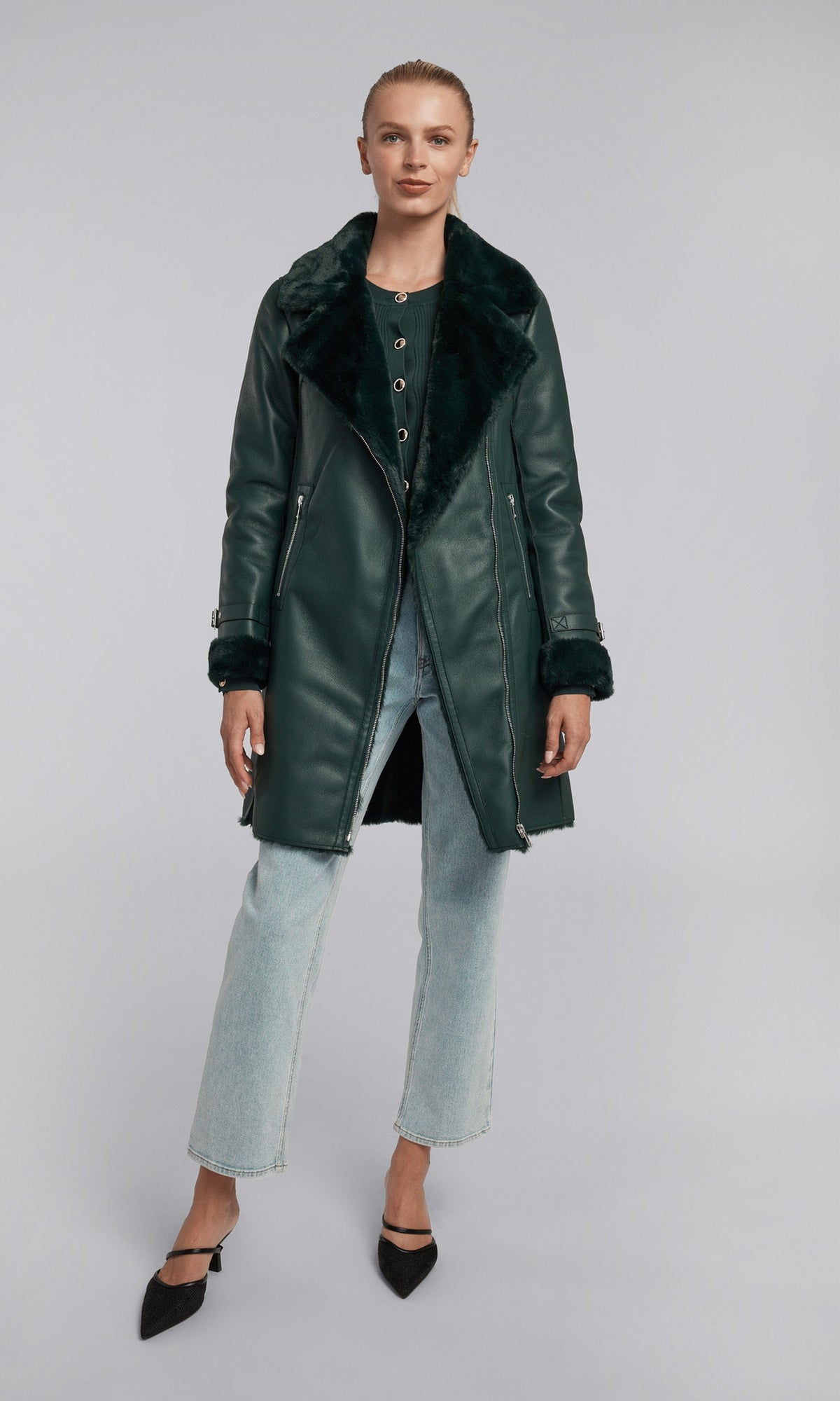 Carla Vegan Leather And Faux Fur Combo Coat | Forest