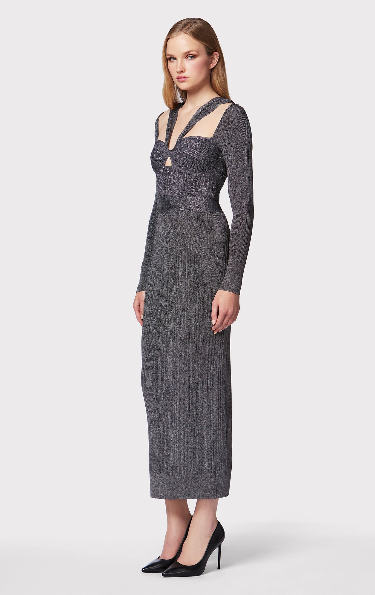 Variegated Rib Draped Metallic Gown | Metallic Gunmetal