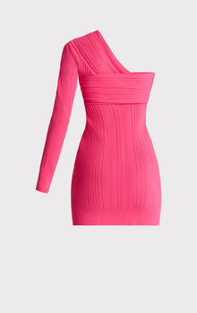 Variegated Rib Draped Asymmetrical Mini Dress | Neon Fuchsia