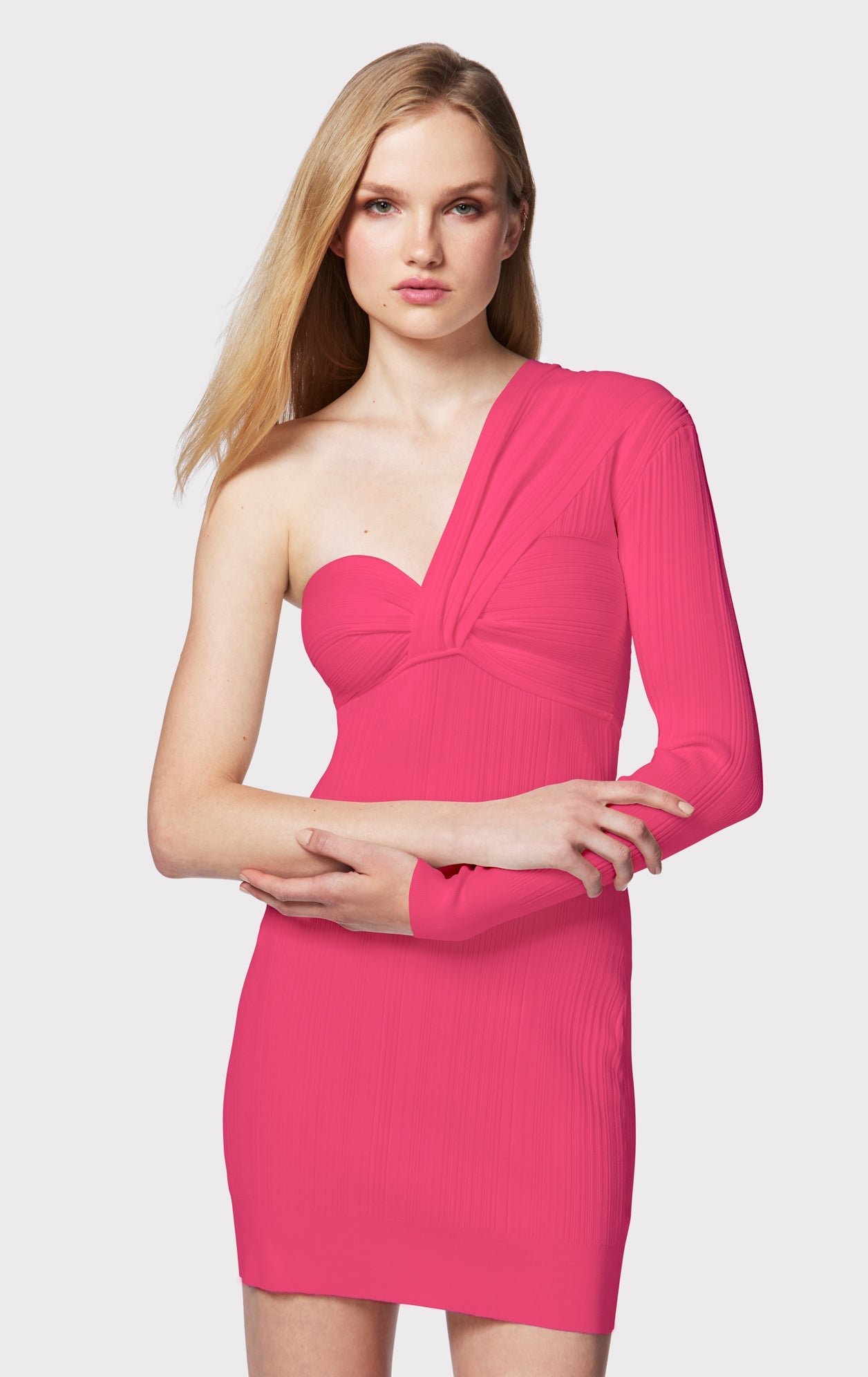 Variegated Rib Draped Asymmetrical Mini Dress | Neon Fuchsia