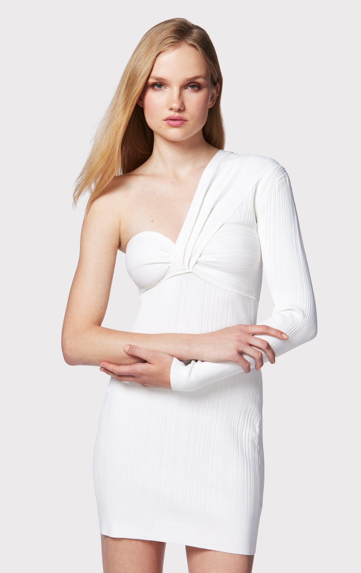 Variegated Rib Draped Asymmetrical Mini Dress | Alabaster