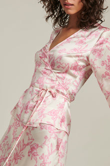 GINIA Silk Isabel Wrap Top Pink Sketch Floral