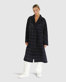 Women | Guestlist Wool Blend Oversized Double Breasted Coat | Navy Plaid