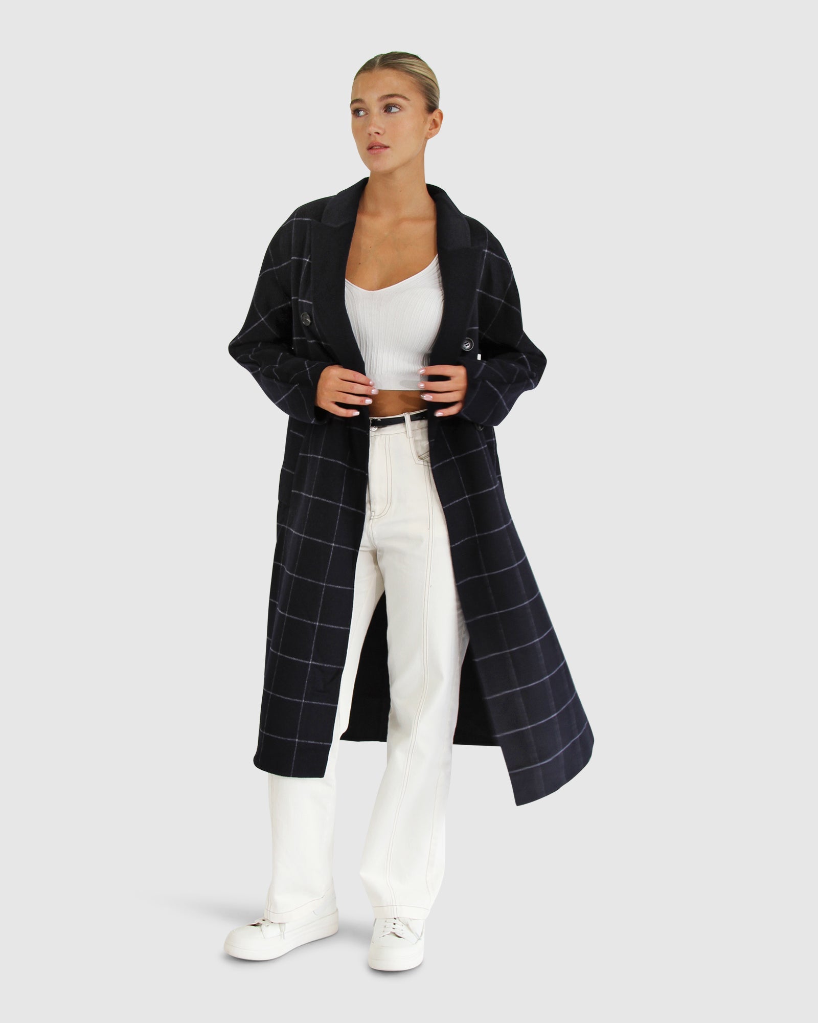 Women | Guestlist Wool Blend Oversized Double Breasted Coat | Navy Plaid
