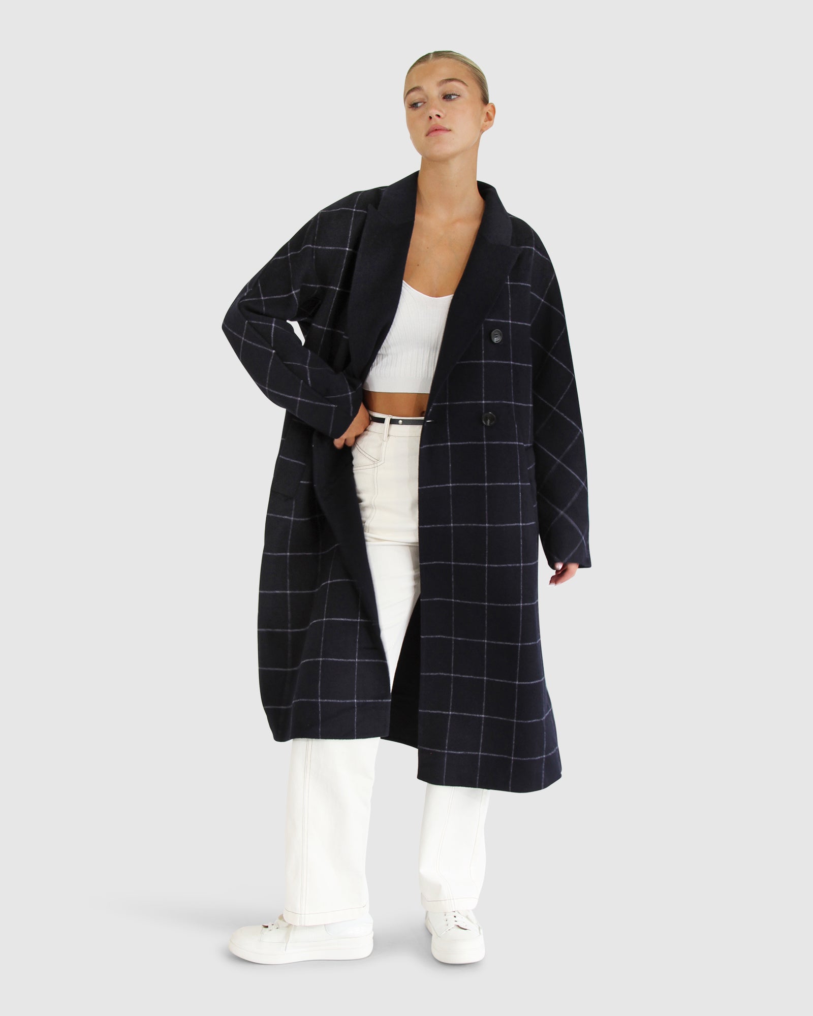 Women | Guestlist Wool Blend Oversized Double Breasted Coat | Navy Plaid