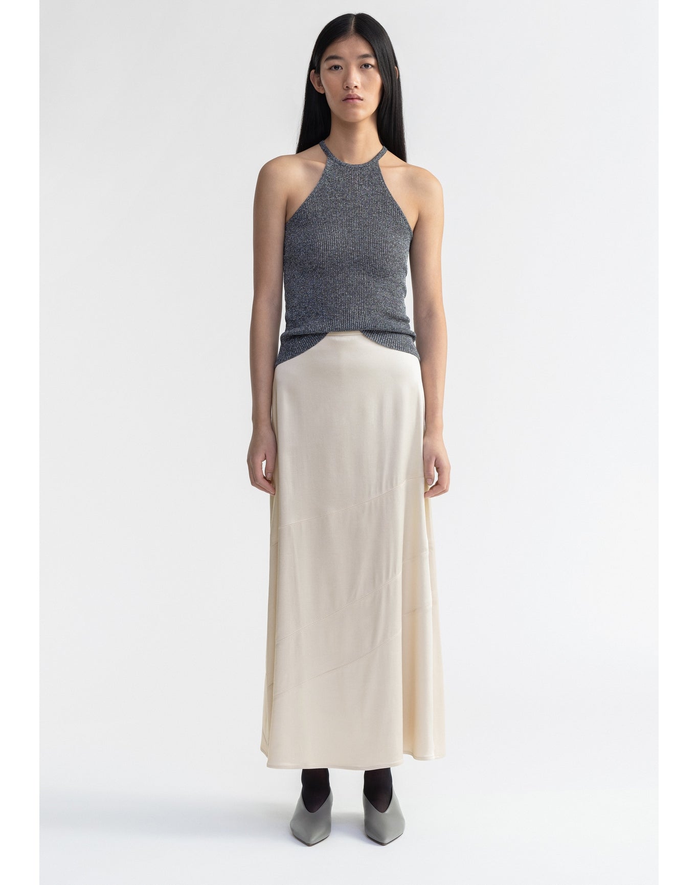 Galina | Sparkly Ribbed Halterneck Top | Storm