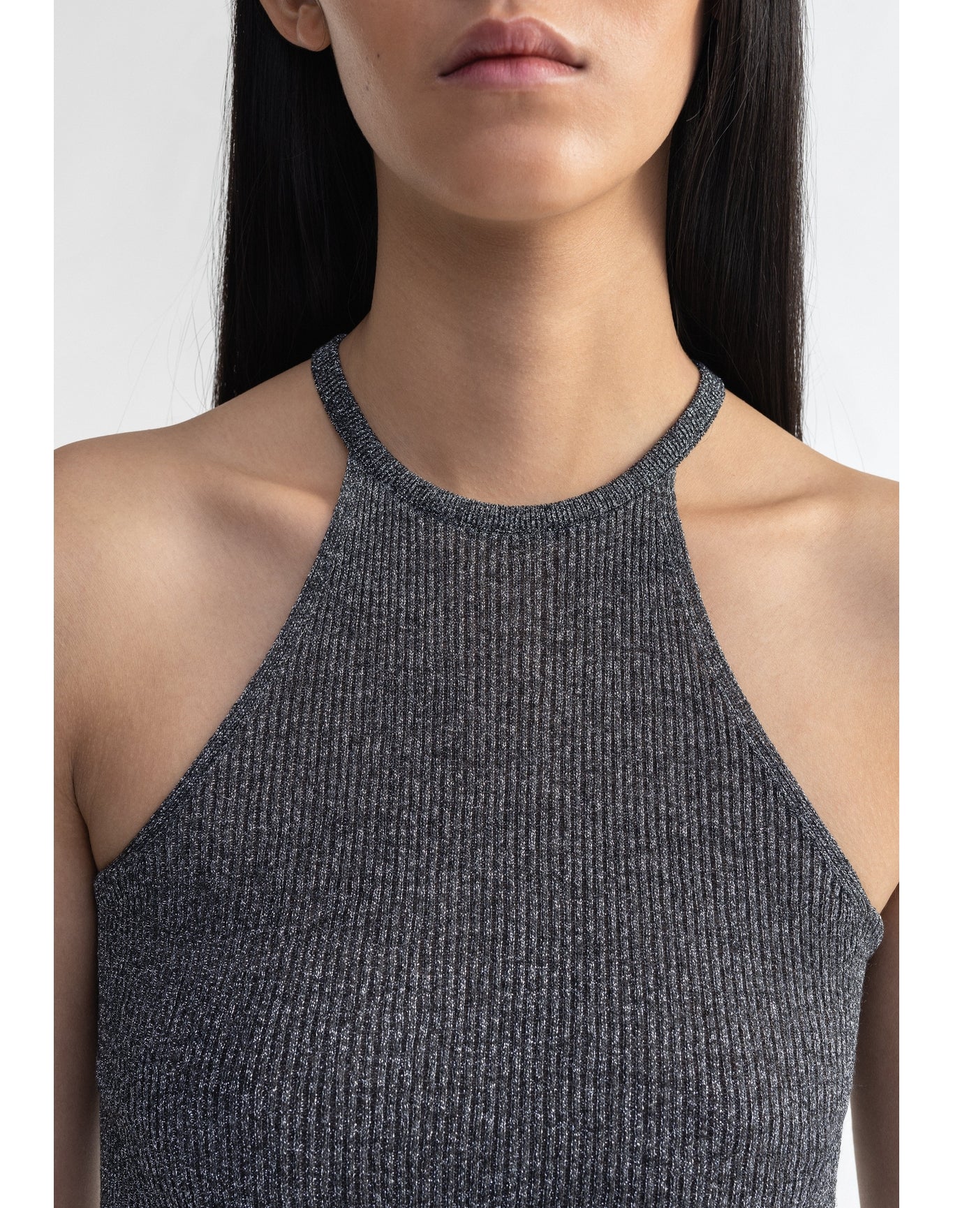 Galina | Sparkly Ribbed Halterneck Top | Storm