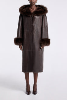 Model is wearing the Nour Hammour Gancin Lavish Winter Coat Lustre Brown - Front Closed