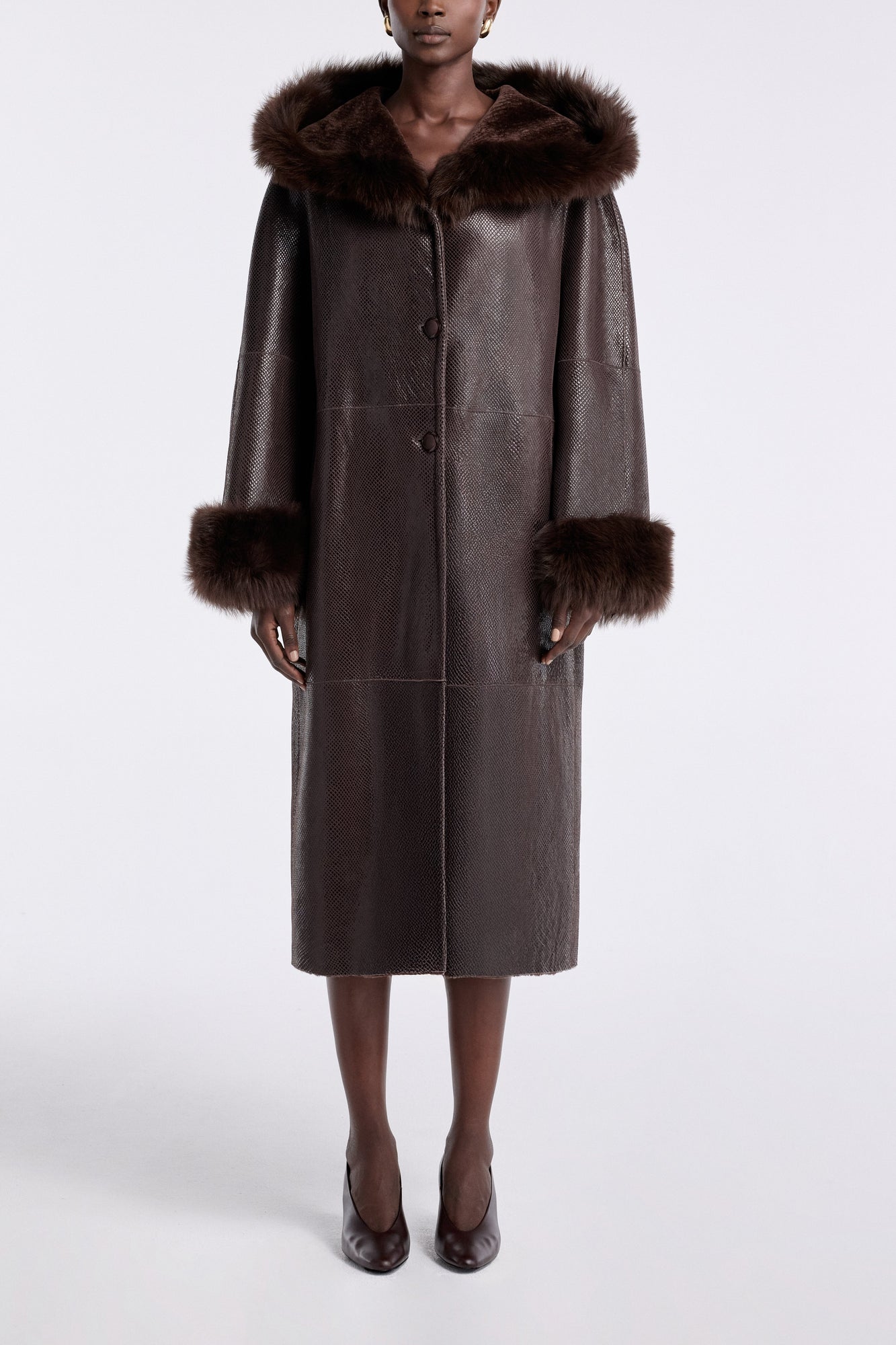 Model is wearing the Nour Hammour Gancin Lavish Winter Coat Lustre Brown - Front Closed