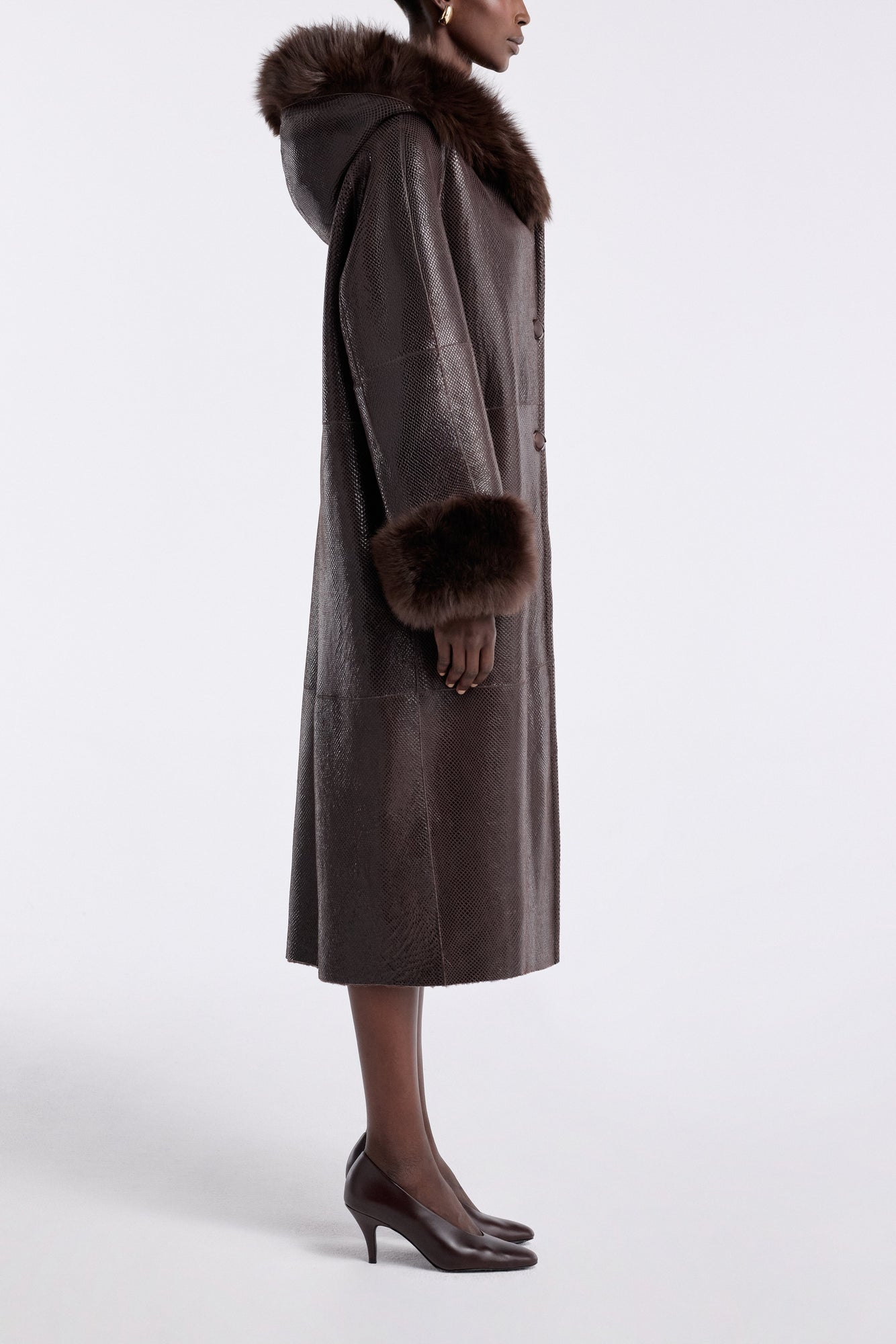 Model is wearing the Nour Hammour Gancin Lavish Winter Coat Lustre Brown - Side