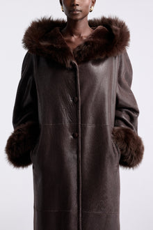 Model is wearing the Nour Hammour Gancin Lavish Winter Coat Lustre Brown - Detail