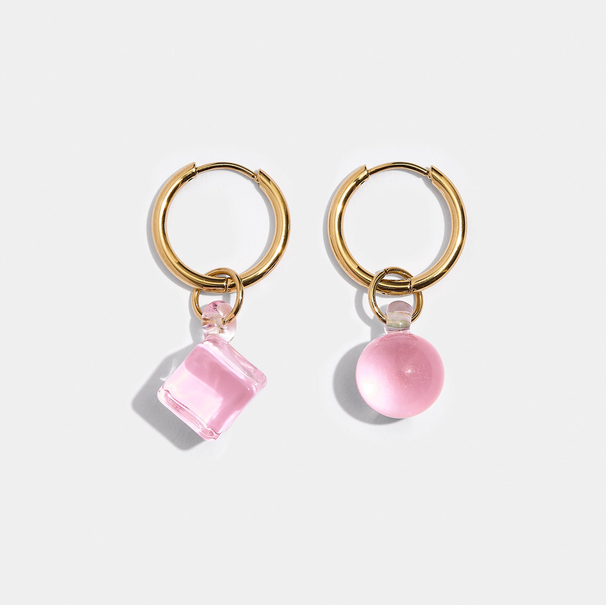 Pink Glass | Geo Earrings | Gold