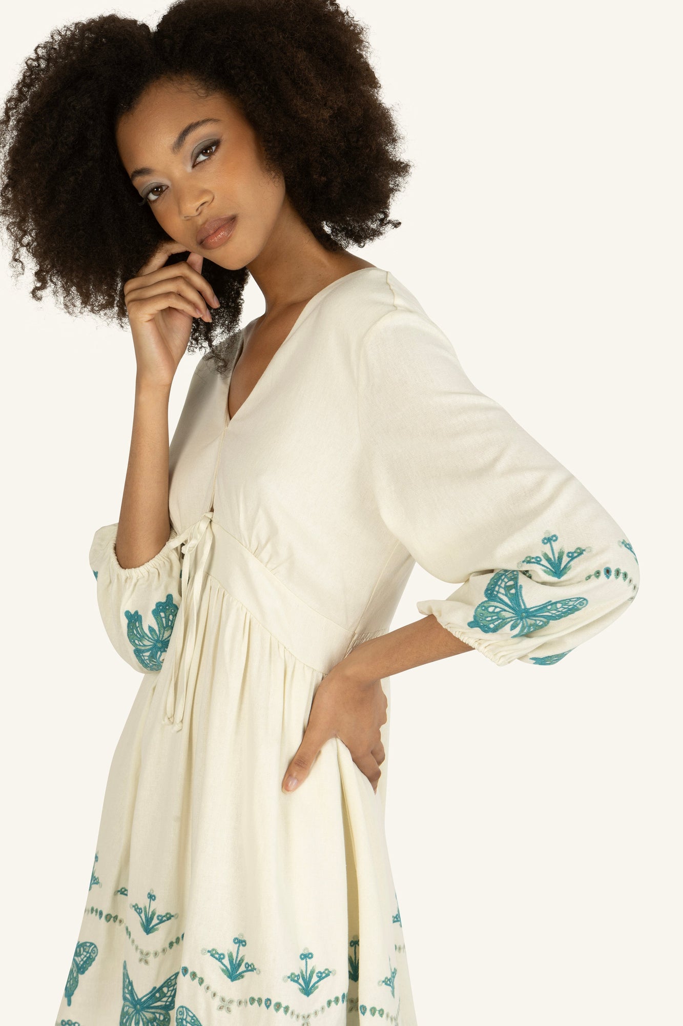 Gia Dress | Antique Creme x Multi Blue Embroidery