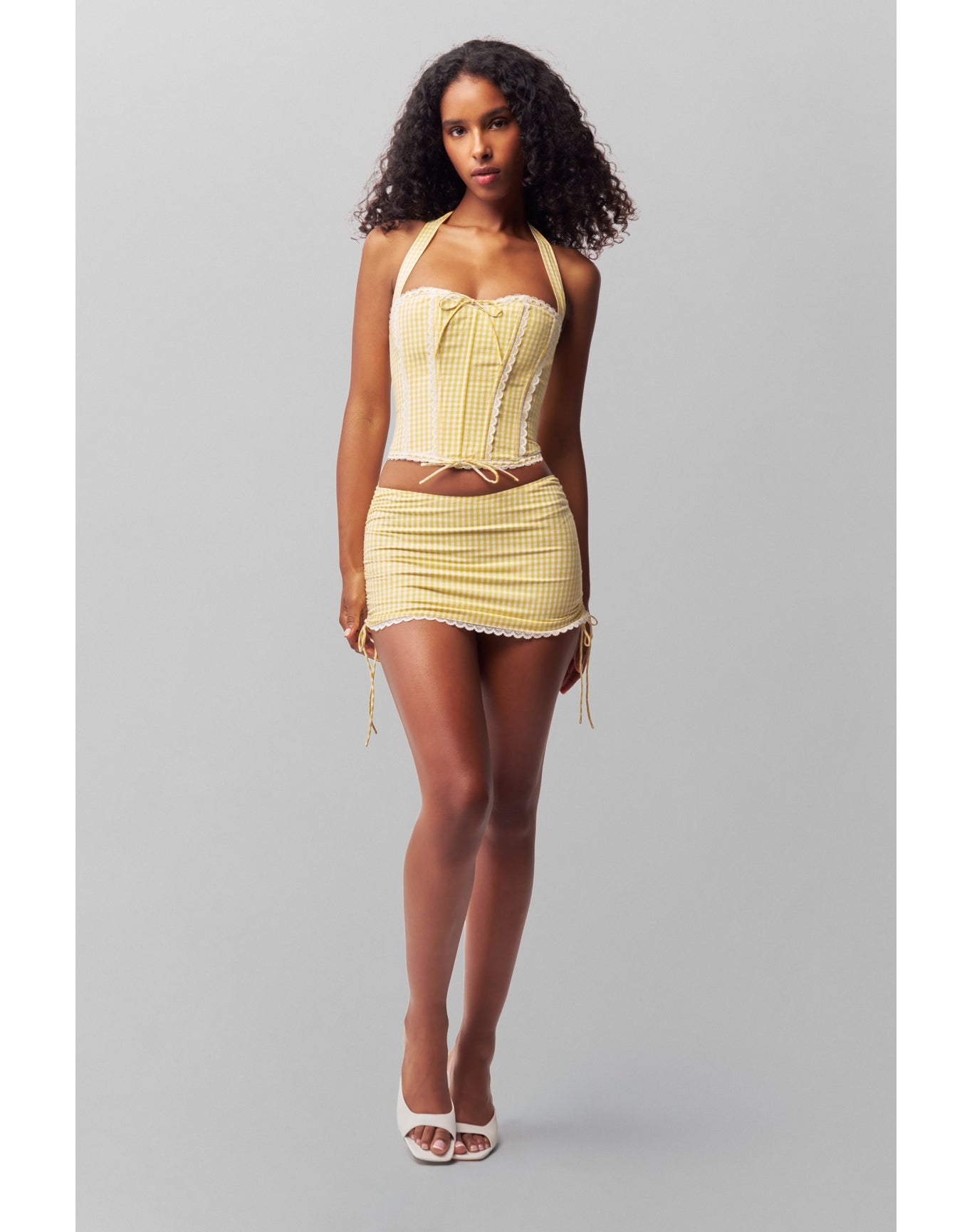 Gingham Ruched Side Tie Mini Skirt | Gingham Limoncello
