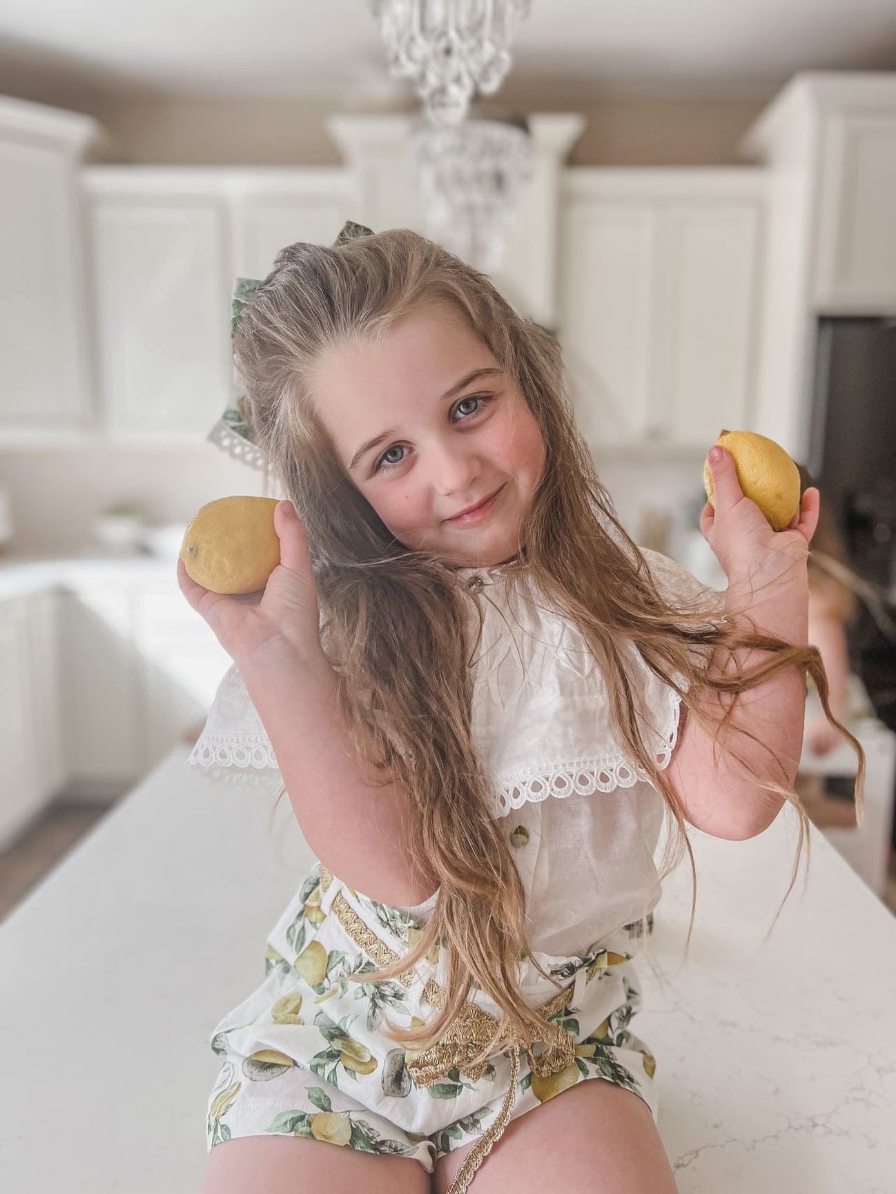 Girl | Amalfi Lemon Print Linen Blouse and Shorts Set | White x Green x Yellow