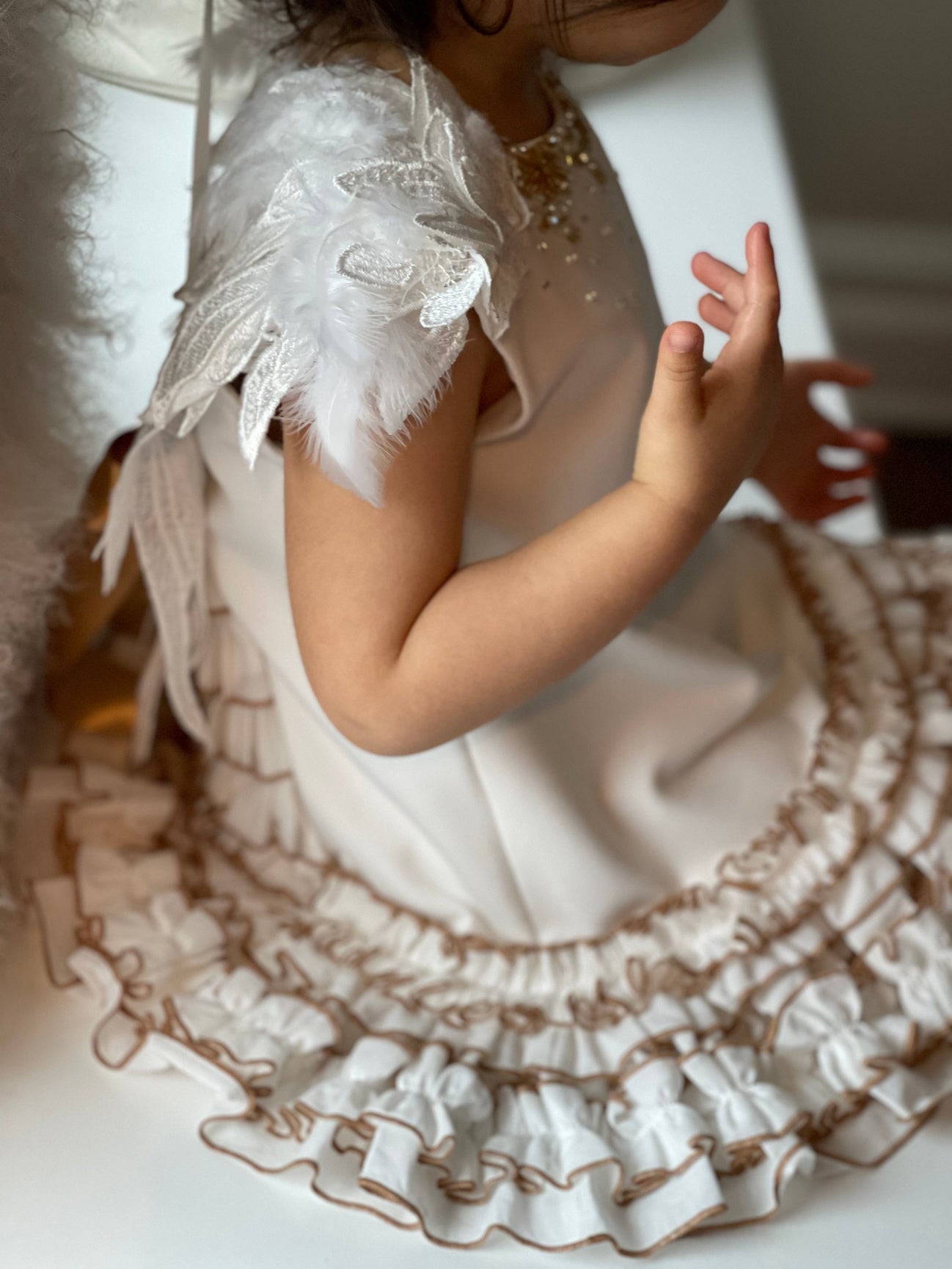 Girl | Angelina Feather Wings Dress | White x Gold
