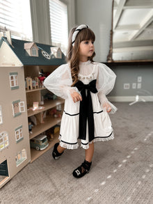 Girl | Aurora Ivory Velour Dress with Tulle Puff Sleeves