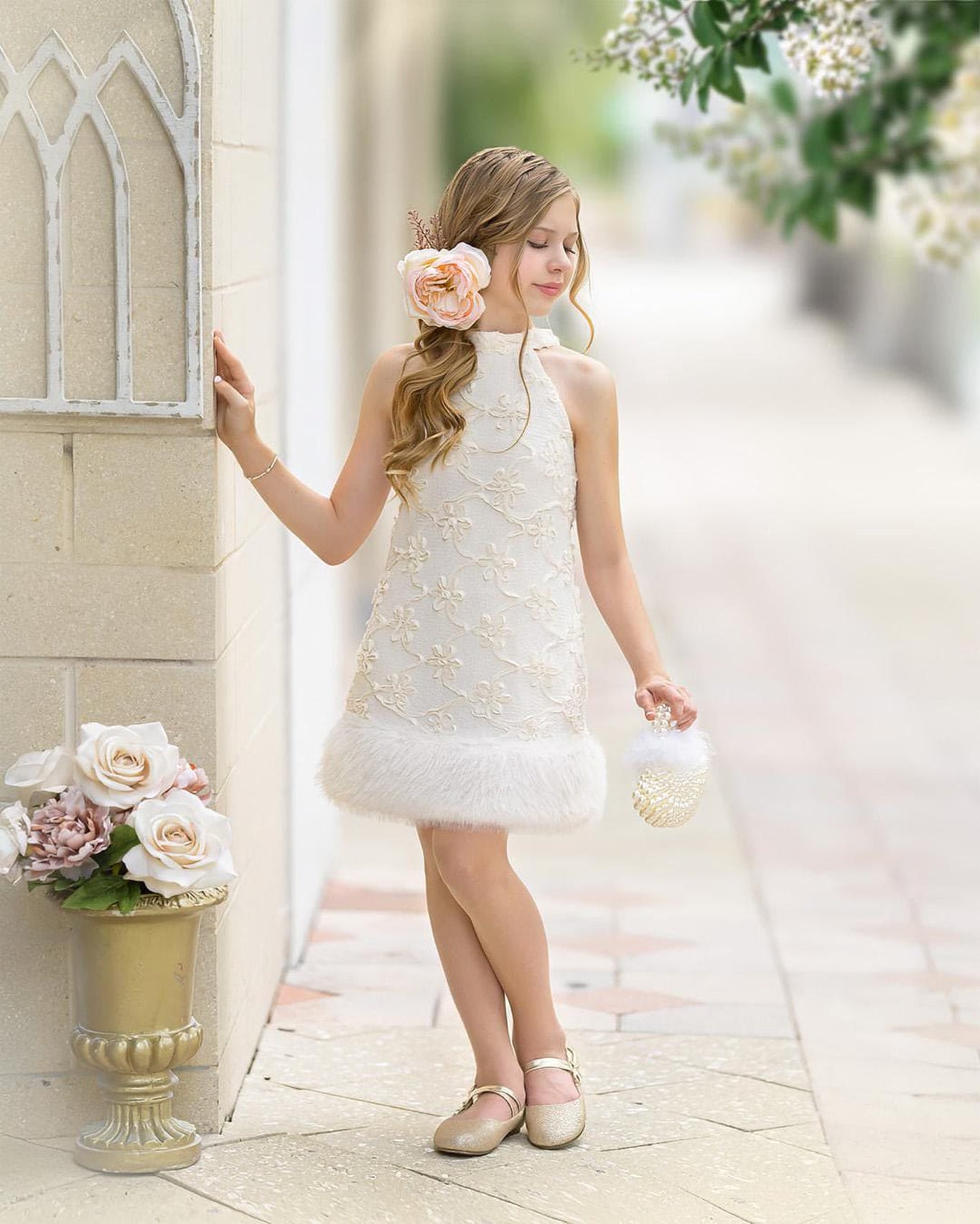 Girl | Ava Ivory Flower Faux Fur Dress