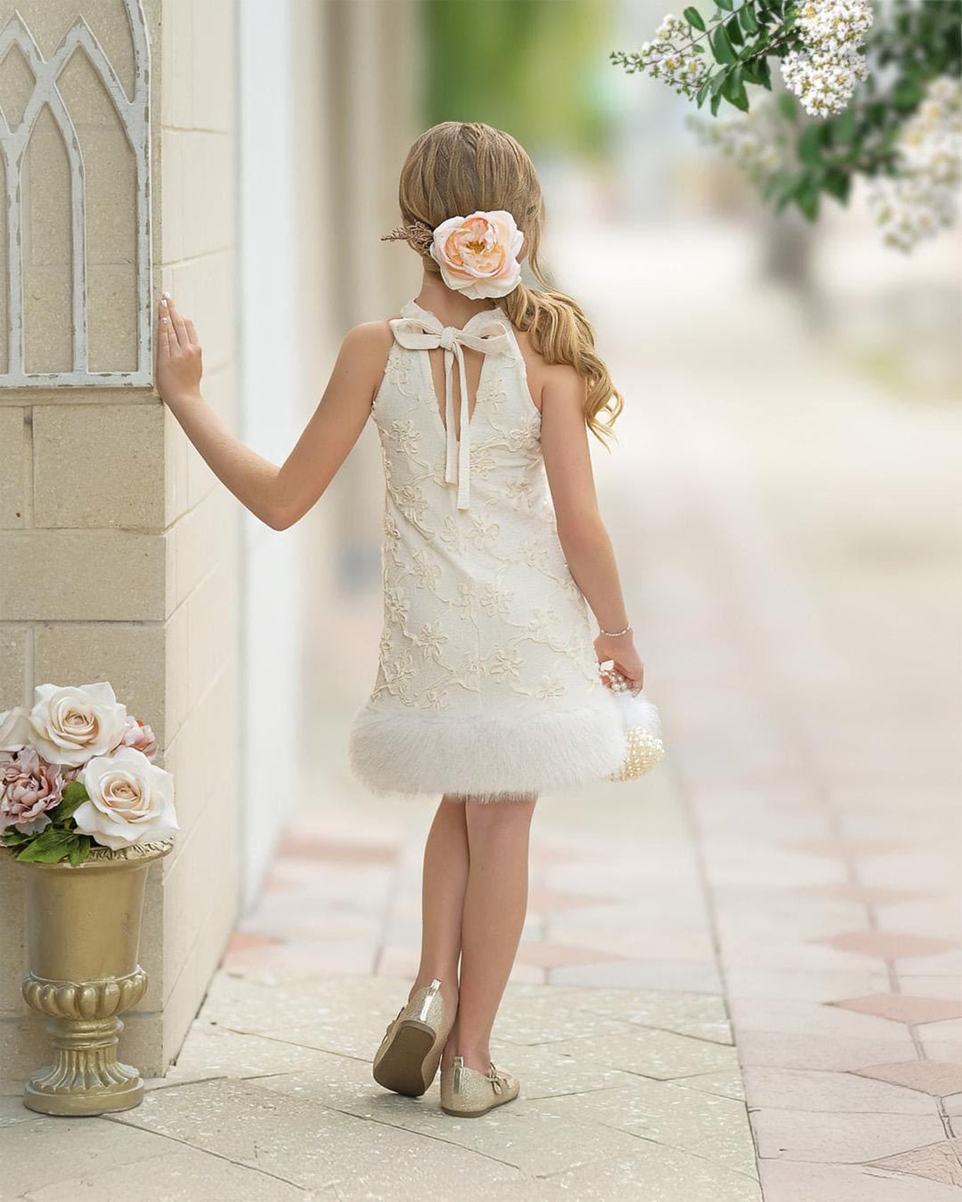 Girl | Ava Ivory Flower Faux Fur Dress
