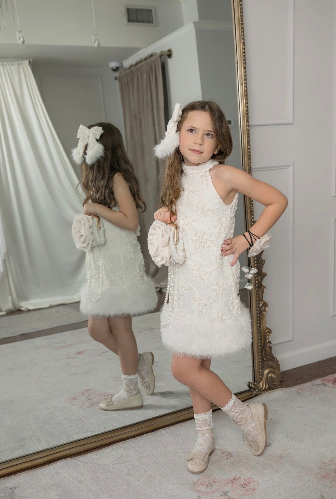 Girl | Ava Ivory Flower Faux Fur Dress