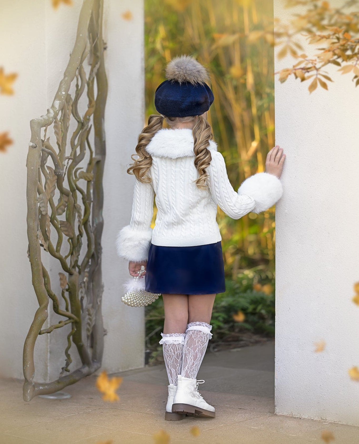 Girl | Cableknit Faux Fur Cotton Cardigan | White