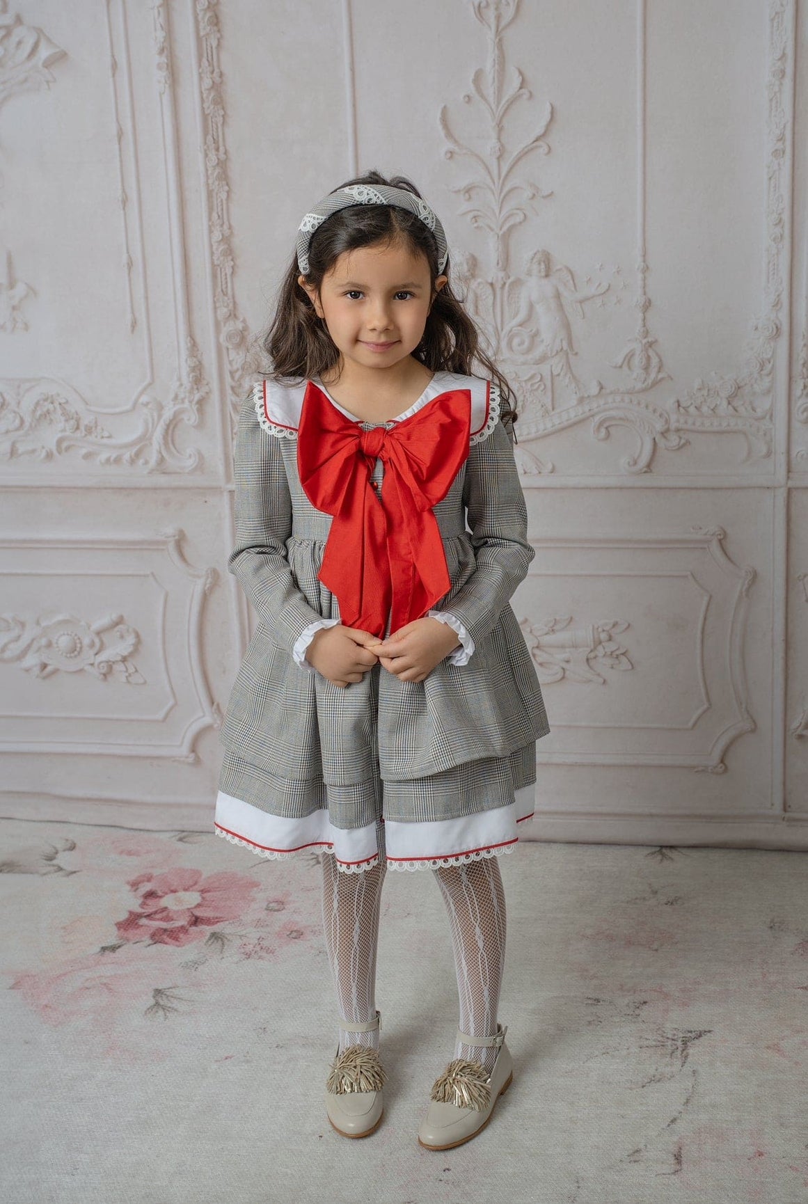 Girl | Georgina Tartan Print Dress with Bow | White x Black x Red