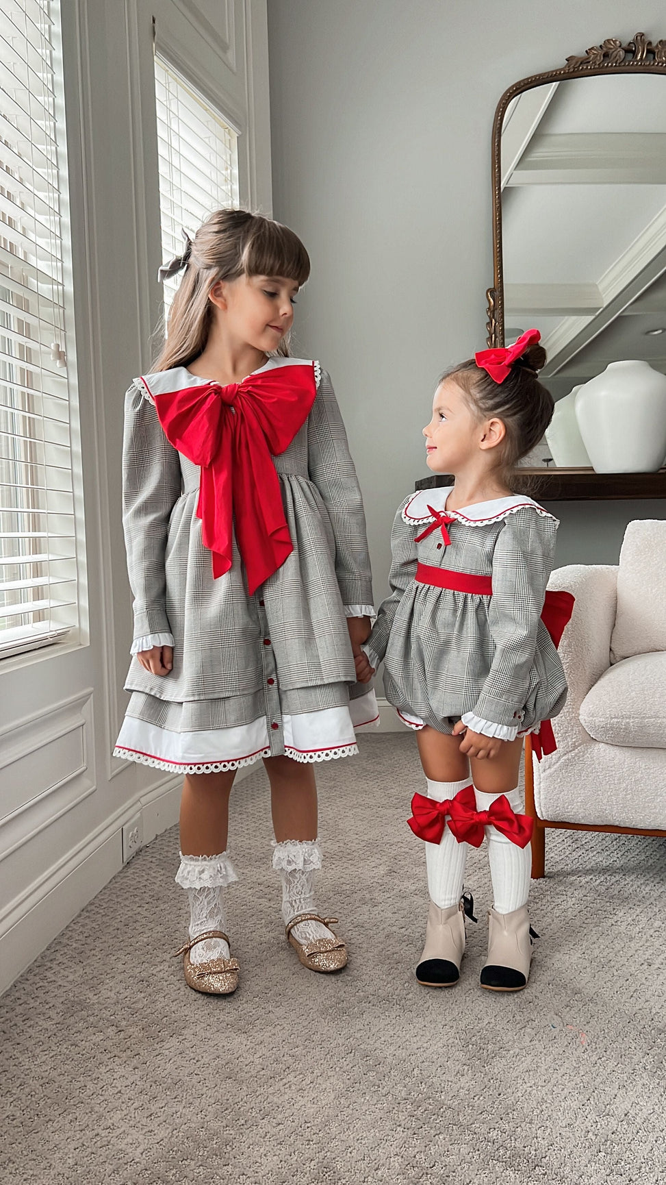 Girl | Georgina Tartan Print Dress with Bow | White x Black x Red