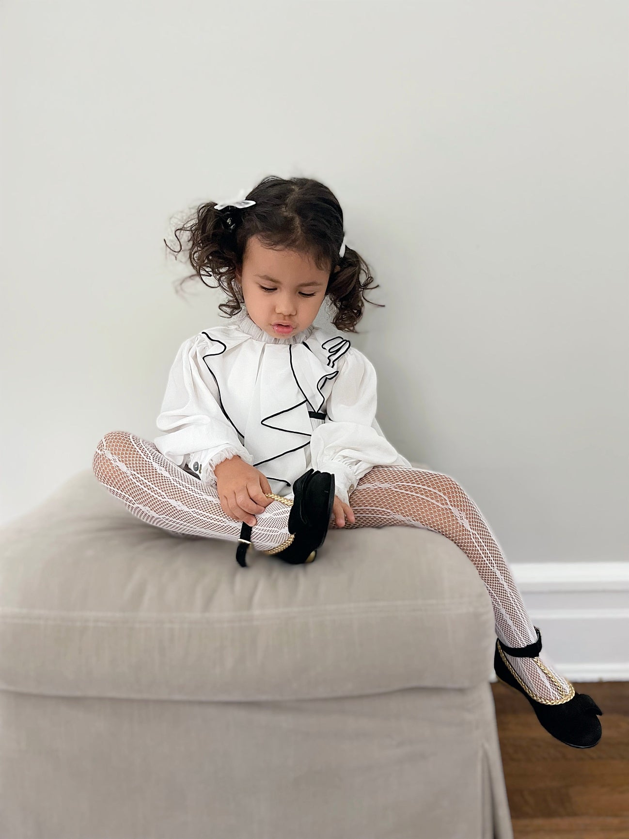 Girl | Gwen Romper with Ruffle Trim | White x Black
