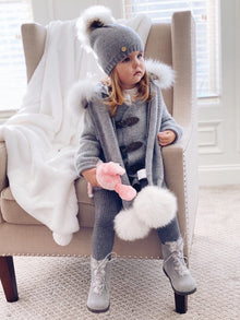 Girl | Honeycomb Grey Cashmere Pom Scarf White Print Pom | Gray