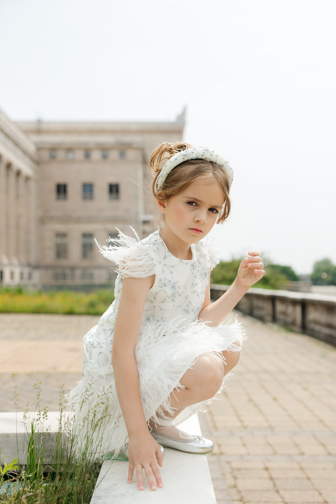 Girl | Olivia Feather Dress | White x Baby Blue