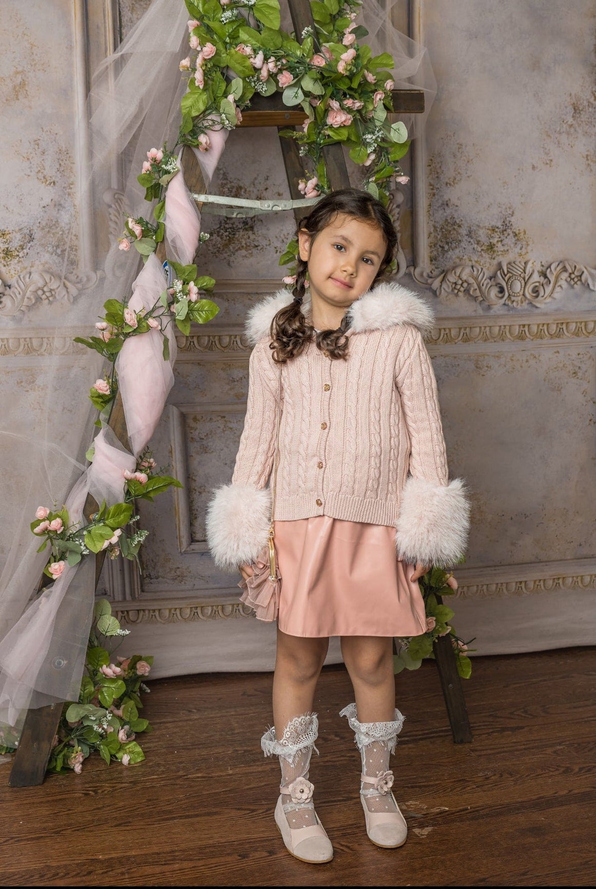 Girl | Pink Cableknit Faux Fur Cotton Cardigan