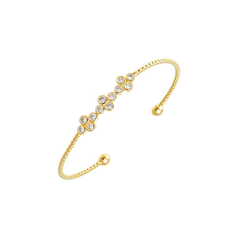 Gold CZ Multi Flower Bezel Open Bangle Bracelet - Adina's Jewels