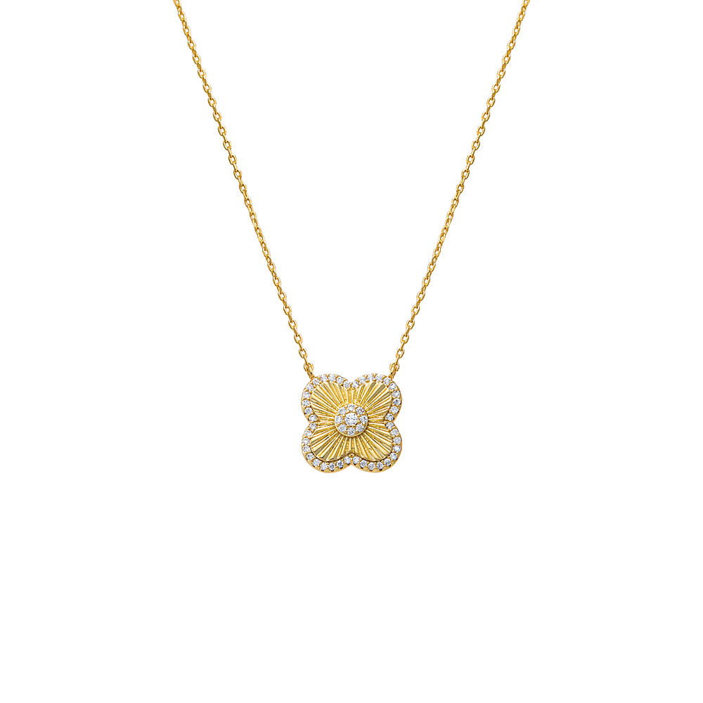 Gold Pave CZ Ridged Four Leaf Clover Pendant Necklace - Adina's Jewels