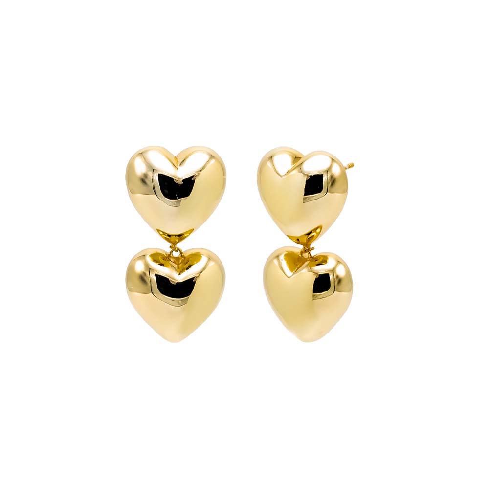 Gold Solid Double Puffy Heart Drop Stud Earring - Adina's Jewels